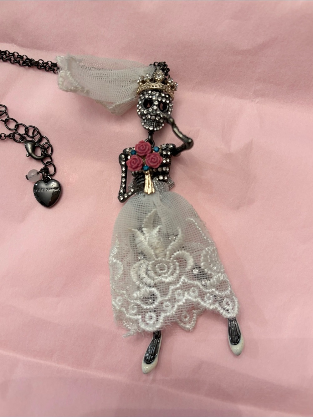 Betsey Johnson Pink Rose Skeleton Bride Necklace